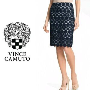 Vince Camuto Navy Blue Crochet Lace Over Mint Green Lined Pencil Dress Skirt 10